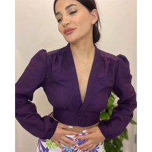 Daves Mürdüm Renk Önü Düğmeli Balon Kol Crop Gömlek