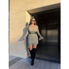 Daves Yeşil Şifon Lastik Kemerli Kadın Elbise