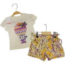 Çikoby Kız Çocuk İkili Takım Baskılı Ekru T-Shirt Çiçekli Desenli Şort