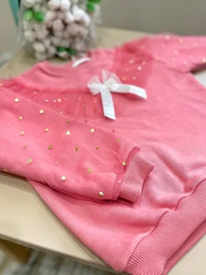 Lolli Boom Kids  Kız Çocuk Fiyonk Kurdela Detay Organze Tül Kol Mini Kalpler Detaylı Sweatshirt 3 Iplik Pudra Pembe Renk