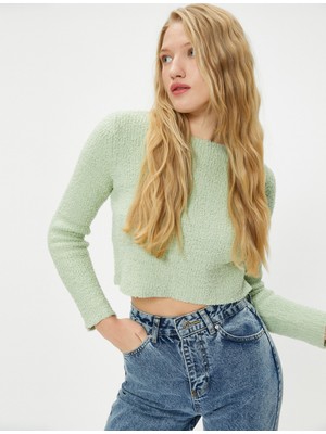 Koton Basic Peluş Crop Kazak Uzun Kollu Yuvarlak Yaka
