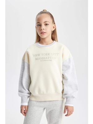DeFacto Kız Çocuk Baskılı Bisiklet Yaka İçi Yumuşak Tüylü Kalın Sweatshirt B4674A823WN