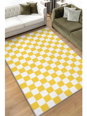 Homshtag Minimalist Damalı Sarı Beyaz Halı Kareli Oturma Odası Halısı Retro Tarzı Salon Halısı