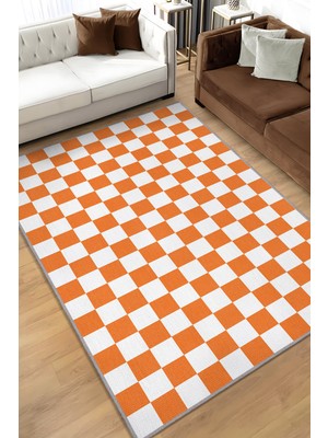 Homshtag Minimalist Damalı Turuncu Beyaz Halı Kareli Oturma Odası Halısı Retro Tarzı Salon Halısı