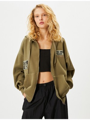 Koton Oversize Kapşonlu Fermuarlı Sweatshirt Şardonlu Arkası Aplike Detaylı Cepli