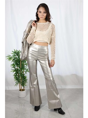 Simli Moda Skinny Fit İspanyol Paça Deri Gümüş Pantolon