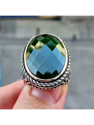 FK Gümüş Yeşil Faset Kesim Taşlı Burgu Işlemeli Erkek Yüzük