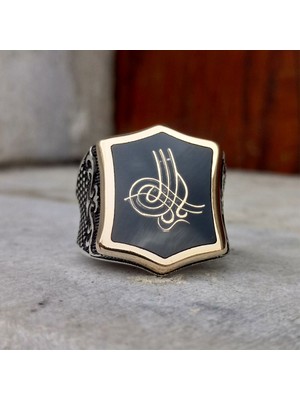FK Gümüş Siyah Mineli Osmanlı Tuğralı Erkek Yüzük