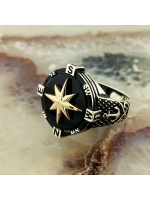 FK Gümüş Siyah Oniks Taşlı Pusula Yüzük