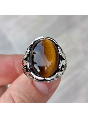 FK Gümüş Çift Başlı Kartal Işlemeli Kaplan Gözü Taşlı Erkek Yüzük