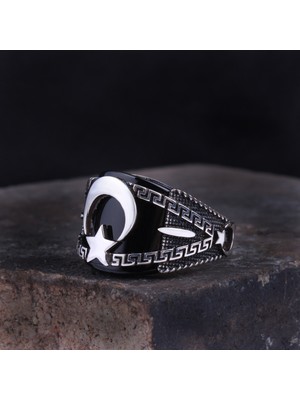 FK Gümüş Siyah Köprü Taşlı Ay Yıldız Erkek Yüzük