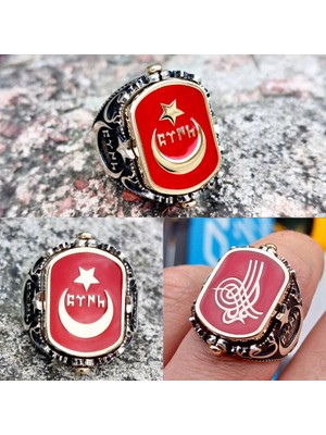 FK Gümüş Gök Türkçe Türk Yazılı Ay Yıldız ve Osmanlı Tuğrası Çift Taraflı Erkek Yüzük