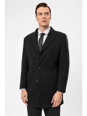 Süvari Slim Fit Yünlü Siyah Erkek Kaban Uzun Kol Düz Desenli Şık Tasarım