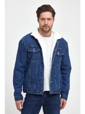 Damga Erkek Mavi Düğmeli Kot Ceket %100 Pamuklu İçi Kürklü Rahat ve Şık Tasarım