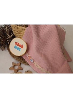 İkoko Kids Pudra 4 Katlı Multi Müslin Bez Kumaş Dantel Detaylı Battaniye