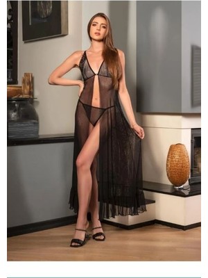 Nathalie Lingerie Kadın Siyah Tül Uzun Fantezi Gecelik