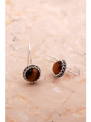 Kaplan Gözü Taşlı Mini Elişi Gümüş Küpe 6177