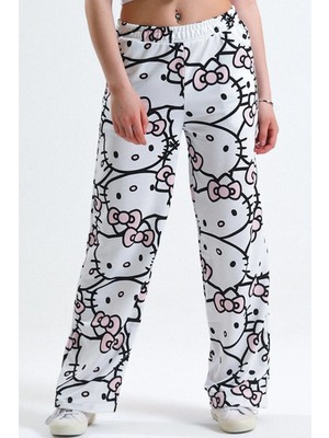 Makiteks Unisex Beyaz Hello Kitty Cat Bol Paça Eşofman Altı