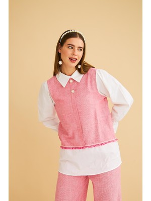 Basic Park Lambade Düğme Detaylı Bol Paça Keten Pembe Tunik Pantolon Takım