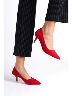 Mubiano Hakiki Deri MBHRNS977-KR Kadın Süet İnce 6 cm Topuklu Kırmızı Stiletto & Topuklu Ayakkabı