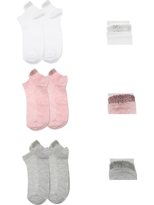 Kardeşler Çorap Kadın Çok Renkli Şerit Taş Işlemeli Pamuklu Patik Çorap 3'lu Paket