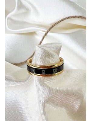 Sose Moda Siyah Gold Roma Rakamlı Çelik Yüzük