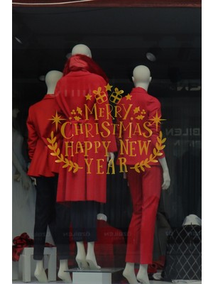 New Jargon Yılbaşına Özel Zarif Şık Elegant Happy New Year Yazısı Özel Seri Tasarım Gold Renk Vitrin Stickerı