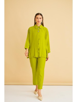Basic Park Afra Taş Işlemeli Keten Dokuma Olive Gömlek Pantolon Takım