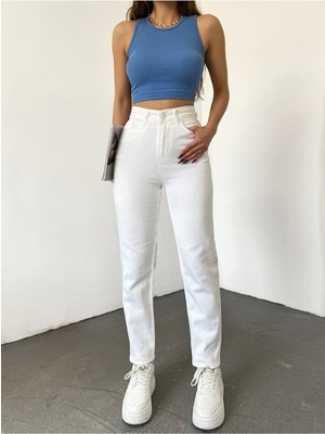 ByCukurovaFrango Kadın Yüksek Bel Beyaz Mom Kot Pantolon Natural Pamuk