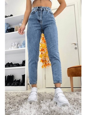 ByCukurovaFrango Miray Orta Mavi Kar Likralı Mom Süper Yüksek Bel Mom Jeans