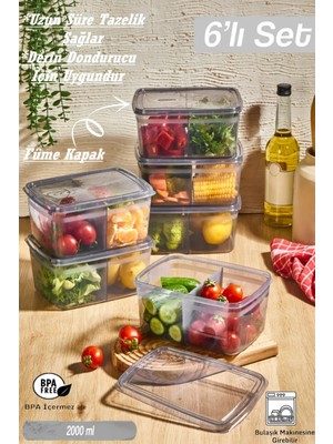 Bayev 6 Adet Duo Füme 2 Bölmeli Erzak Saklama Kabı - Kapaklı Bakliyat Kutusu-Derin Dondurucuya Uygun