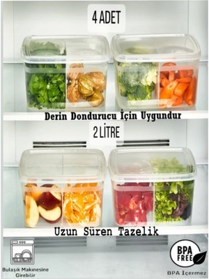 Bayev 4 Adet Duo Şeffaf 2 Lt Buzdolabı Saklama Kabı 2 Bölmeli - Derin Dondurucuya Uygun