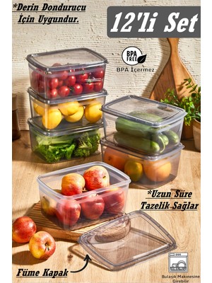 Bayev 12 Adet Huge Füme 2 Lt Erzak Saklama Kabı-Kapaklı Bakliyat Kutusu-Derin Dondurucuya Uygun