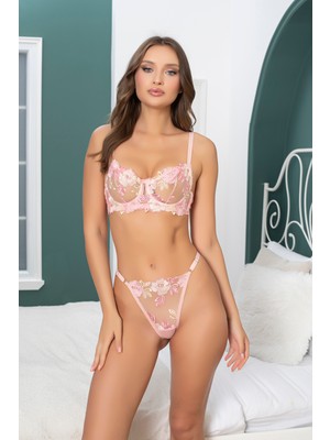 arona lingerie July-Pembe Krem Çiçek Desenli Brode Işlemeli Sütyen Tanga Takım