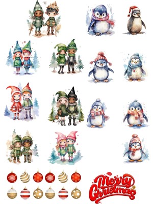 Kt Grup Yılbaşı Yeni Yıl Elfler ve Penguenler 27 Parça Cam Duvar Kapı Sticker Seti- Yılbaşı Seti