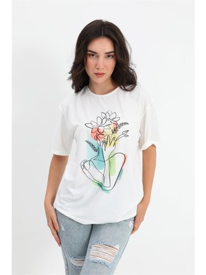 Marissa Butik T-Shirt Bisiklet Yaka Çiçek Desenli - Ekru