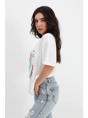 Marissa Butik T-Shirt Bisiklet Yaka Çiçek Desenli - Ekru