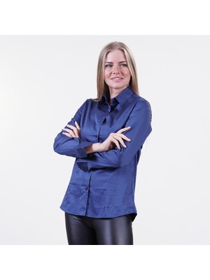 Exve Exclusive Okyanus Mavisi Elegant Basic Sade Tek Renk Uzun Kollu Kadın Gömlek