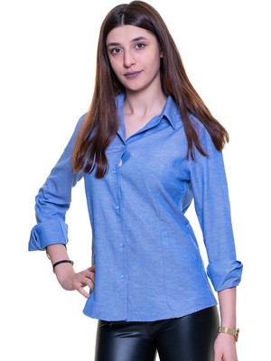 Exve Exclusive Mavi Oxford Dokuma Uzun Kollu Pamuk Kadın Gömlek