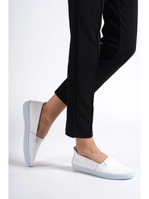 Tarçın Ayakkabı Hakiki Deri Beyaz Kadın Deri Babet TRC62-8002