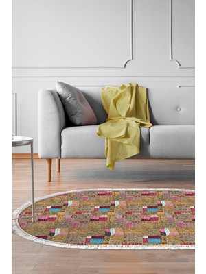 Dekoreko Dijital Salon Halısı Yıldız Deri Kaymaz Taban Saçaklı Oval Modern Phebe Renkli