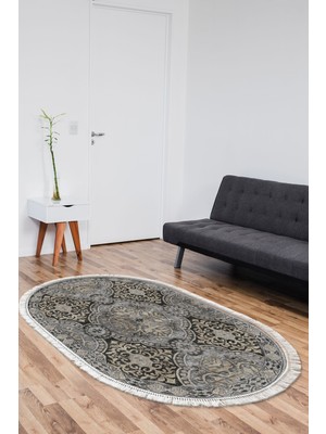 Dekoreko Dijital Salon Halısı Yıldız Deri Kaymaz Taban Saçaklı Oval Modern Osana Bej