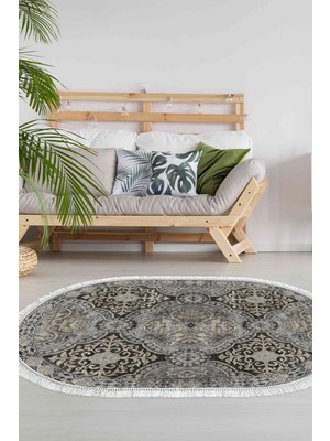 Dekoreko Dijital Salon Halısı Star Pamuk Kaymaz Taban Saçaklı Oval Modern Osana Bej