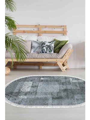 Dekoreko Dijital Salon Halısı Yıldız Deri Kaymaz Taban Saçaklı Oval Iskandinav Page Mavi