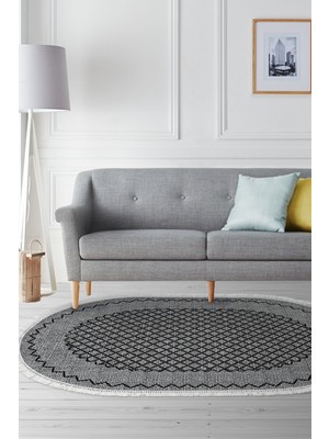 Dekoreko Dijital Salon Halısı Yıldız Deri Kaymaz Taban Saçaklı Oval Modern Christie Gri