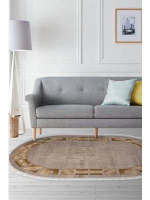 Dekoreko Dijital Salon Halısı Yıldız Deri Kaymaz Taban Saçaklı Oval Modern Twyla Camel