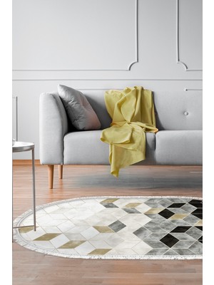 Dekoreko Dijital Salon Halısı Star Pamuk Kaymaz Taban Saçaklı Oval Iskandinav Stephania Krem