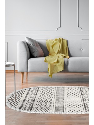 Dekoreko Dijital Salon Halısı Star Pamuk Kaymaz Taban Saçaklı Oval Iskandinav Cade Bej