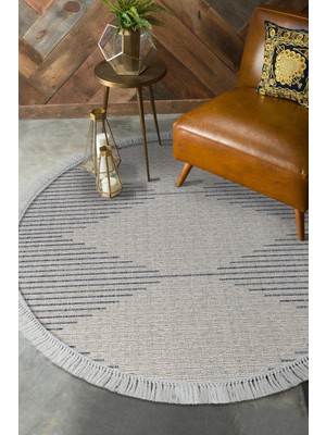 Dekoreko Dijital Salon Halısı Trend Keçe Kaymaz Taban Saçaklı Yuvarlak Iskandinav Kay Lacivert