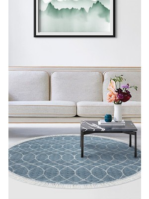 Dekoreko Dijital Salon Halısı Yıldız Deri Kaymaz Taban Saçaklı Yuvarlak Iskandinav Celestine Lacivert